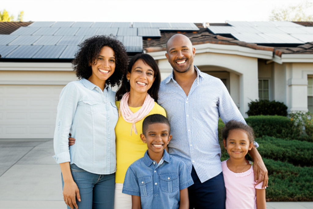 Happy family with solar home